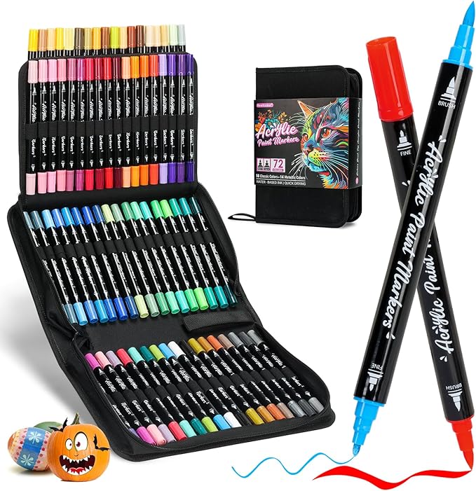 Acrylic Paint Markers,72 Colors Dual Tip Acrylic Paint Pens with Brush and Fine Tips for Rock Painting,Glass,Wood,Ceramic,Canvas,Stone, Vibrant Color Ideal for Artists, Crafters, DIY Projects