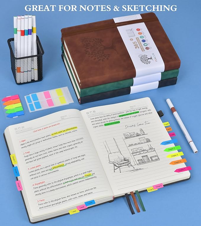 A4 Lined Journal Notebook，365 Page Large Leather Journals for Writing Women Men，Hardcover Notebook with 100Gsm Thick Pages for Travel，Work，School，College Ruled, Daily Diary (8.5" x 11.4")