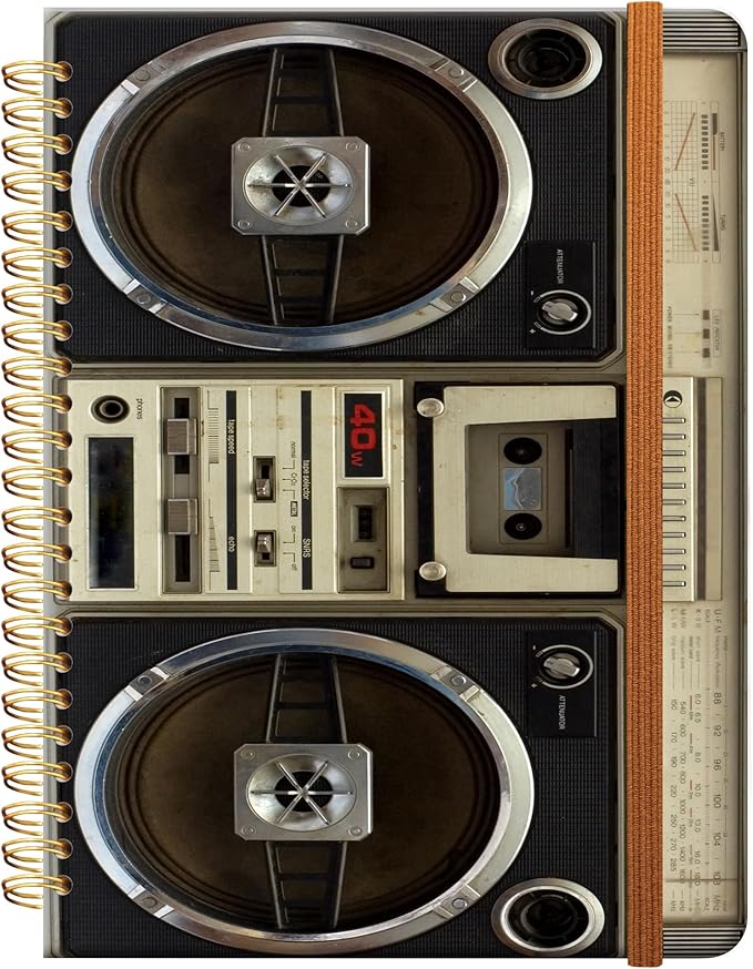 Ruled Spiral Writing Notebook,A5 Hardcover Lined College Journal for Women Lady,Fashion Puppy Watercolor Strong Twin-Wire Binding with Premium Paper,8.4" X 6",Perfect for School,Office,Home Gifts(Tape Recorder Vintage)