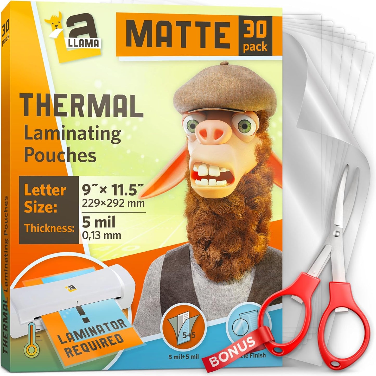 Matte Thermal Laminating Pouches, Matte Finish, 9 x 11.5 Inches, 5 Mil Thickness, 30 Pack, Fitted for Letter Size Laminating Sheets 8.5 x 11