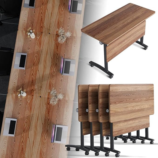 Folding Conference Room Table, Modern Conference Tables with Silent Wheels, Large Rectangular Mobile Training Tables for Office Classroom, Foldable Modular Boardroom Seminar Table (4pack L63in)