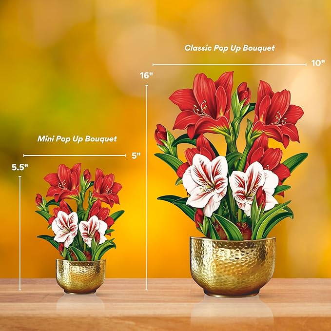 Freshcut Paper Pop Up Cards, Mini Scarlet Amaryllis, 6 Inch Mini Sized Forever Flower Bouquet 3D Popup Greeting Cards, Christmas Card, Holiday Card, Blank Notecard & Envelope