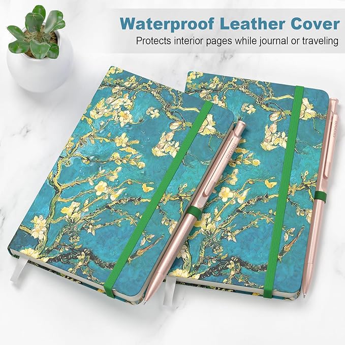 Small Notebook, Mini Pocket Journal A6 5.7" x 3.9", Leather Hardcover Journal with Pen Holder, 160 Thick Papers, Cute Lined Notebook Small Notepad for Women Writing Work Travel, Green Flower