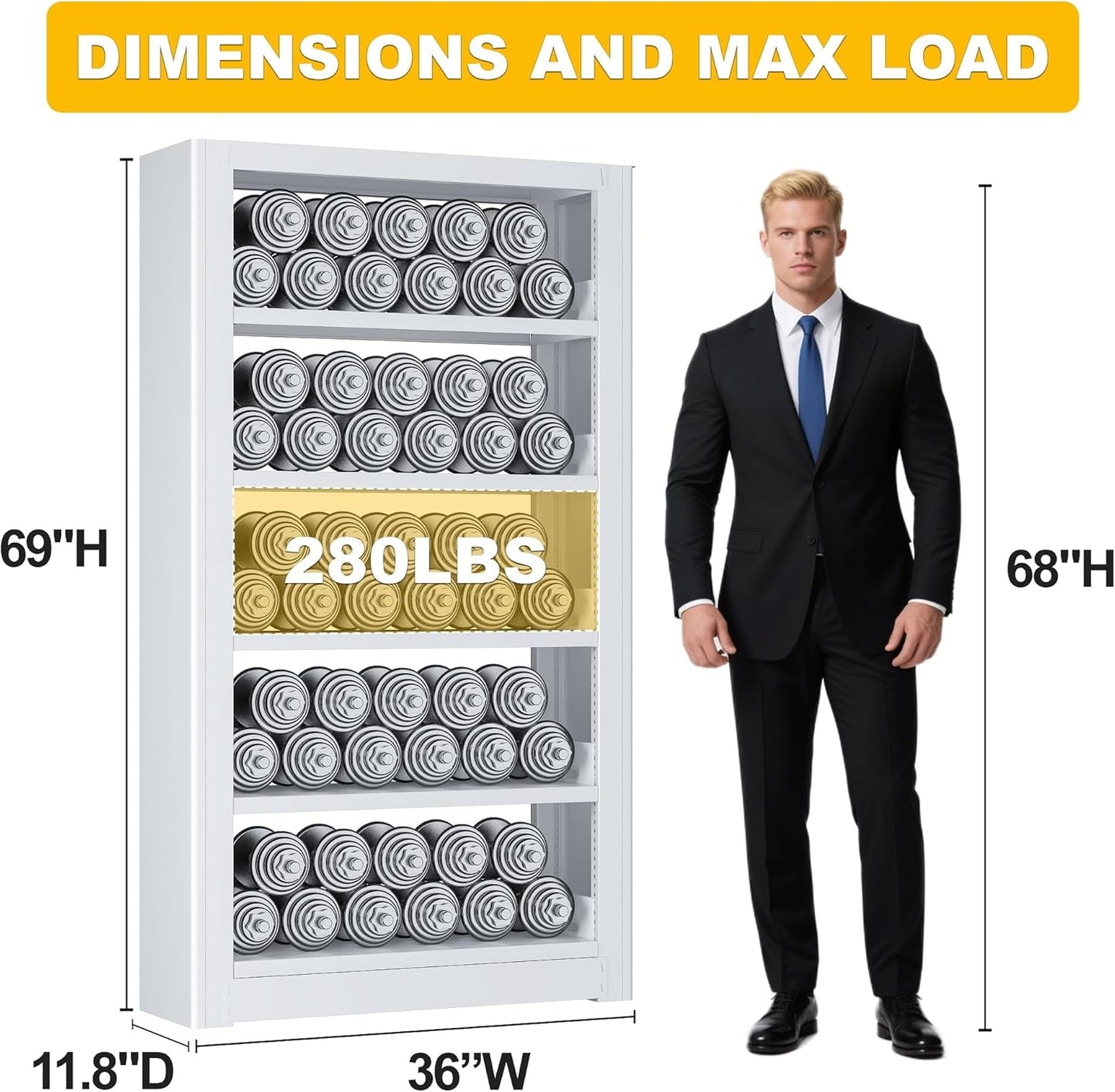 Metal Bookshelf, Adjustable 69" Tall Bookcase, 5 Tier Heavy Duty White Book Shelf with Book Stopper, Industrial Book Shelves for Living Room, Library, School, Office