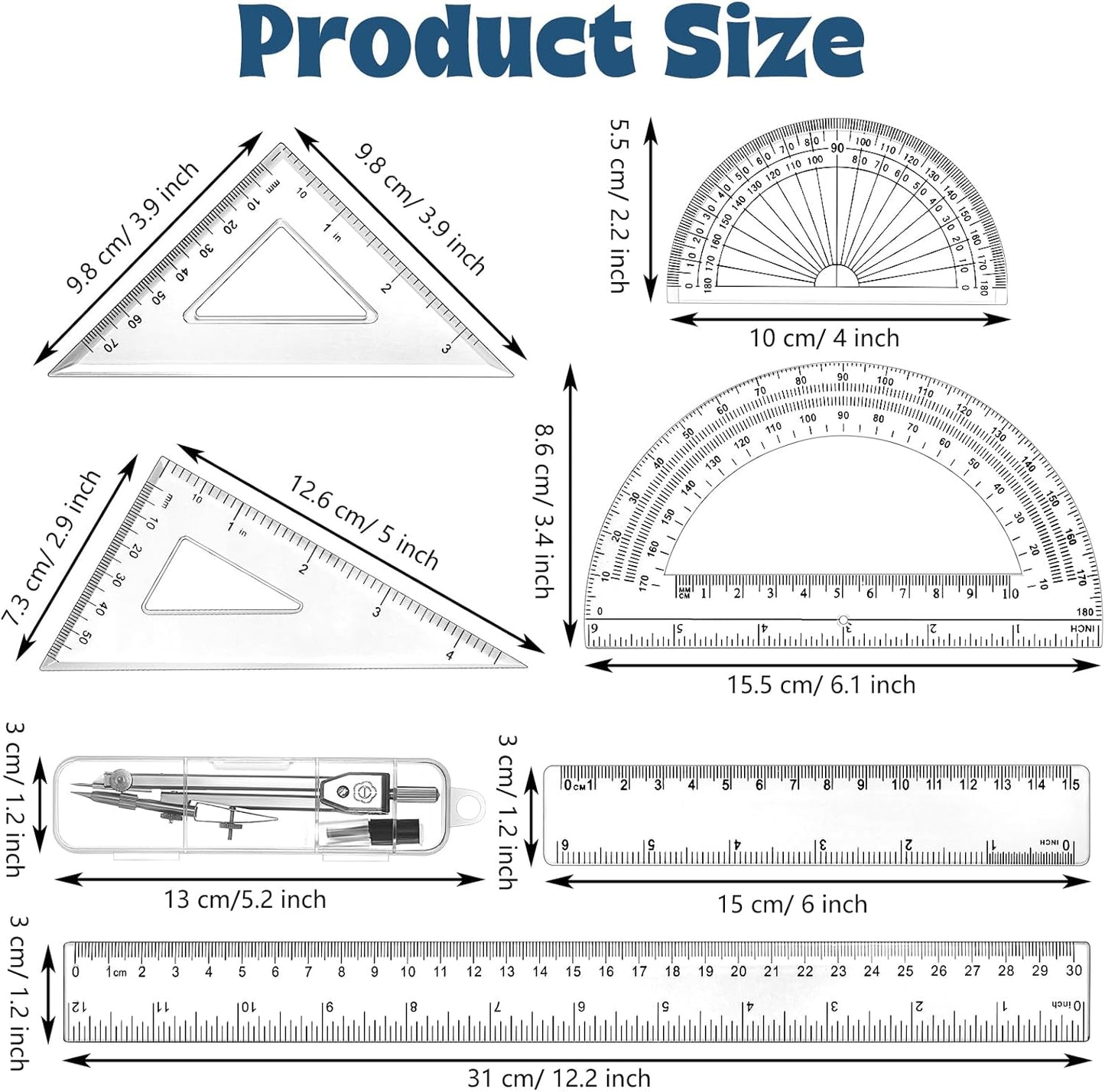 Zonon 1 Set Plastic Geometry Math Set Includes Drawing Compass, 6 and 4 Inch Protractor, 45/60 Degree Triangle Rulers 12 and 6 Inch Math Ruler Transparent for Office Supplies(Clear)