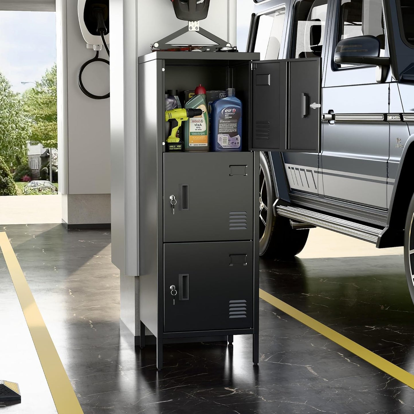 Metal Locker with Ventilation Holes, Metal Storage Cabinet with Lock and Card Slof for Home,School, Office, Gaeage,47.3" H x 15.8" W x 15.8" D,Assembly Required,Black