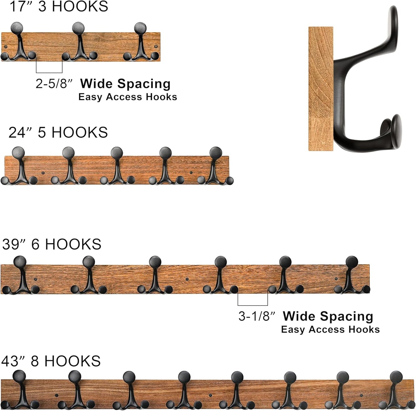 SKOLOO 43-Inch Natural Wood Coat Rack Wall Mount with 8 Triple Hooks - Ideal for Family Entrances, Classrooms, and Pet Supplies Storage - Perfect Coat Hooks for Wall