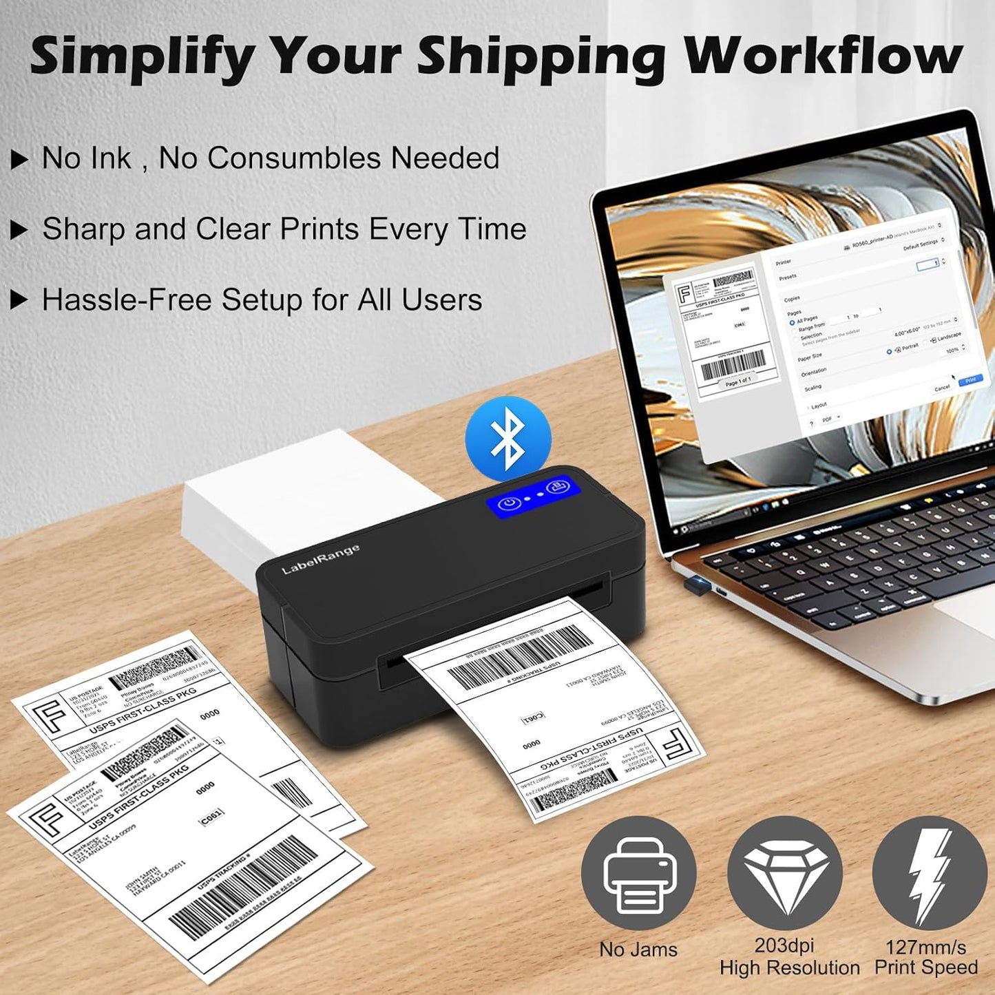 Bluetooth Thermal Label Printer for Mac, Windows, Phone, Tablet, Wireless 4x6 Shipping Label Printer for Shipping Packages, Support USPS, Ebay, Amazon, Pirate Ship