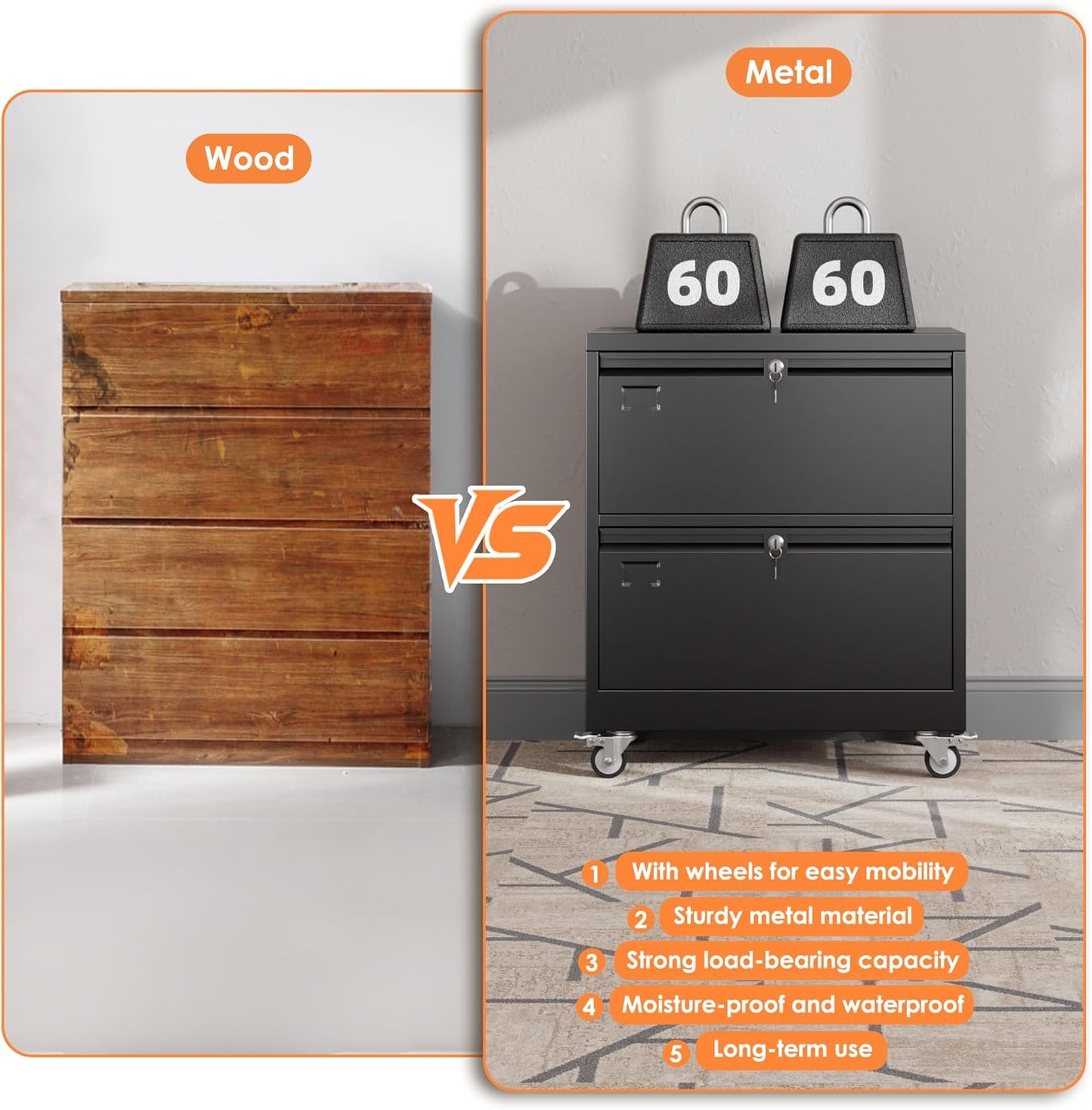 METAN Upgrade 2 Drawers Lateral File Cabinet on Wheels,Steel Office Filing Storage Cabinet with 2 Locks,Assembly Required,Black