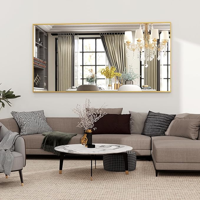 Extra Large 71"x30" Full Length Mirror - Standing, Hanging, or Leaning Rectangle Mirror for Wall or Floor - Wall-Mounted Full Body Dressing Mirrors with Aluminum Alloy Frame for Living Room - Gold