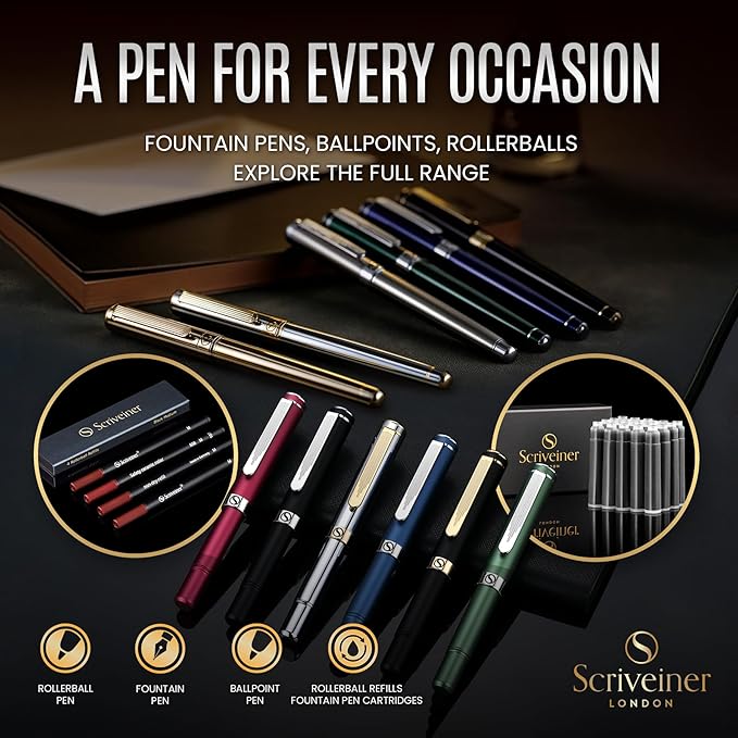 Scriveiner Silver Chrome Ballpoint Pen - Stunning Luxury Pen with 24K Gold Finish, Schmidt Black Refill, Best Ball Pen Gift Set for Men & Women, Professional, Executive, Office, Nice, Fancy Pens