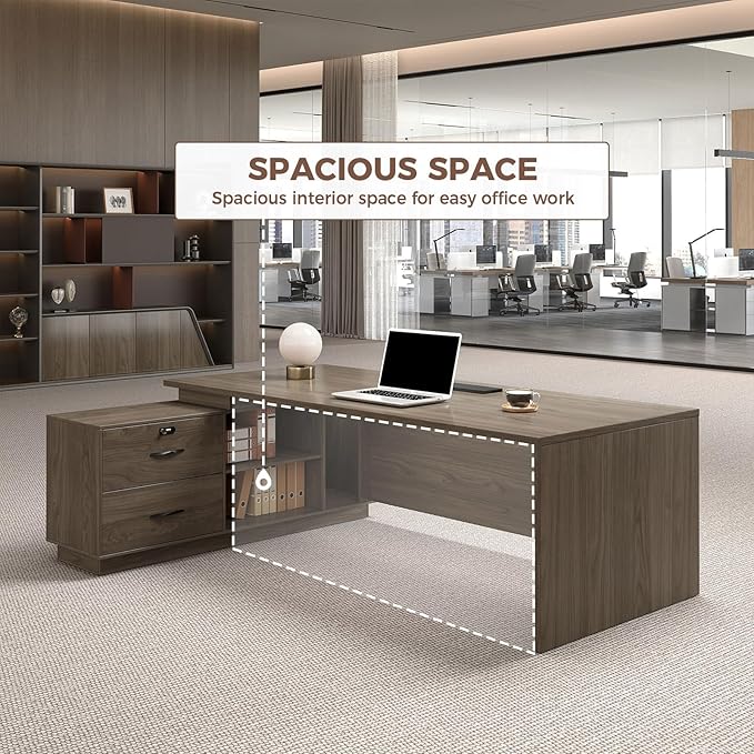 Executive Office Desk with Reversible Cabinets, Lockable Drawers, Cable Box & Privacy Panel – Modern Wood Grain Desk for Home Office or Business Use(Black Walnut,63" L*32" W*30" H)