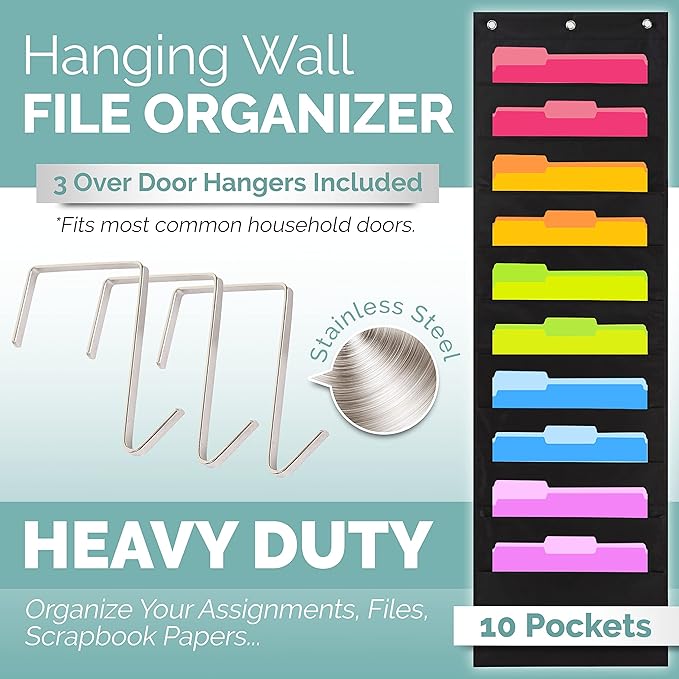 Hippo Creation Heavy Duty Storage Pocket Chart for Classroom, 10 Pocket Storage Organizer with 2 Over-Door Hangers, Hanging Wall Organizer for File Folders, School Mailbox, Home Office Papers - Black