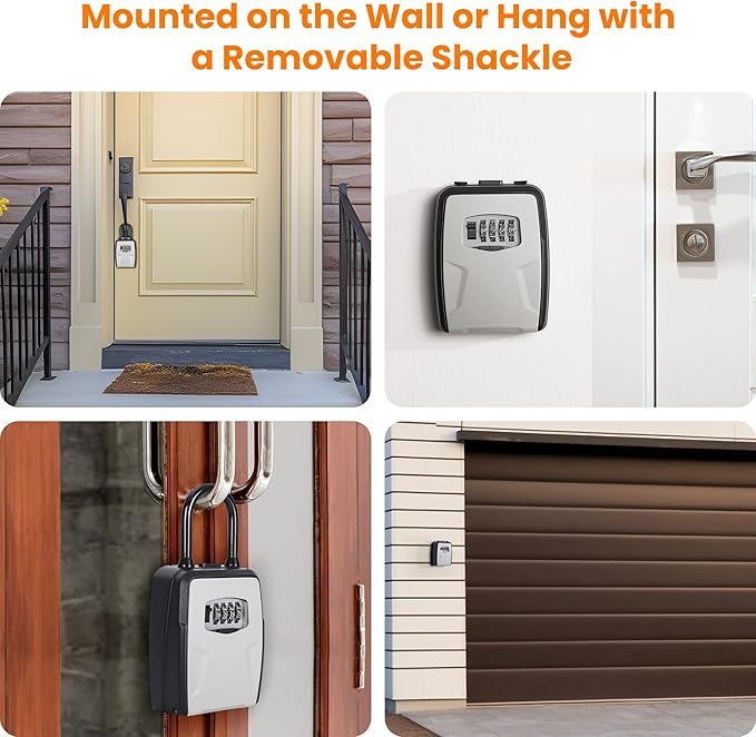 Portable Key Lock Box, Lock Box Wall Mounted for House Key, Car Keys, 6 Key Capacity, Weatherproof Resettable Code (2 Pack, Grey)