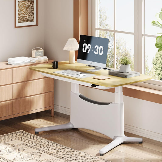 COLAMY Electric Adjustable Standing Desk – 48 x 28 Inch Sit Stand Desk with Drawer & Cable Management, Dual Motor Lift System, Ergonomic Footrest, Home Office Table (MFC Desktop, Light Maple + White)