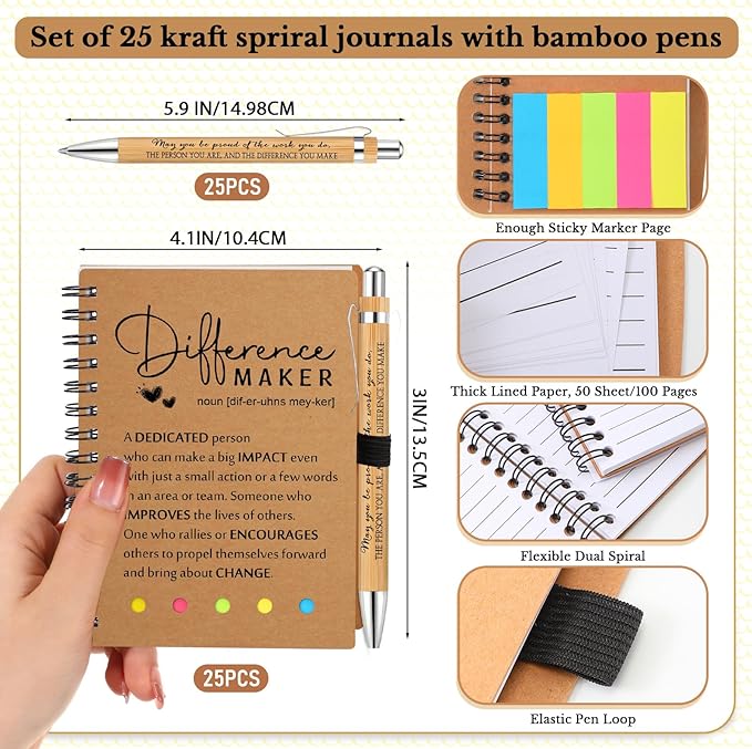 Jetec 25 Sets Bulk Employee Appreciation Gifts Bulk Inspirational Spiral Notebook with Note Ballpoint Pen Thank You Gifts for Volunteer Social Worker Nurse Staff Coworker Students (Difference Maker)