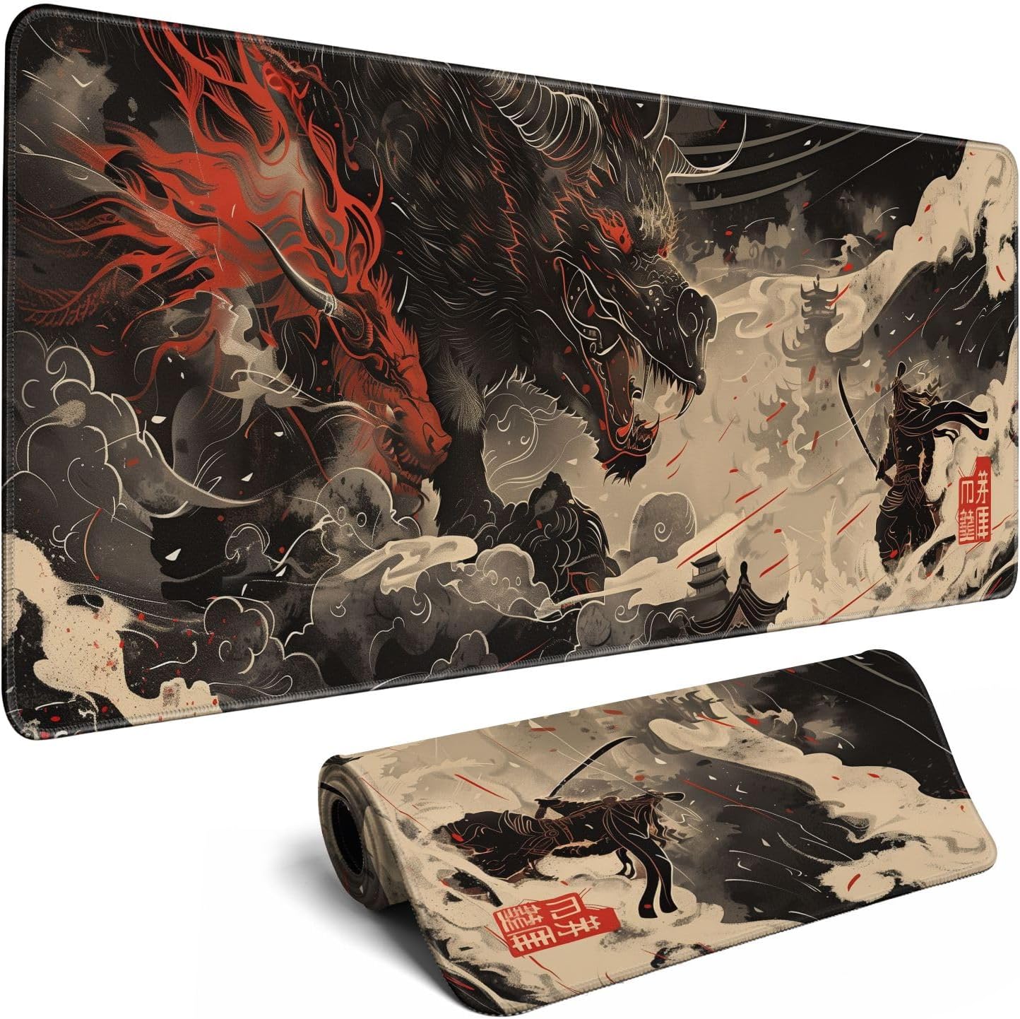 Huge Demon Large Mouse Pad Japanese Ukiyo-e Mousepad Samurai Desk Mat, Big Full Keyboard and Mouse Pad Cool Desk Pad for Keyboard Mouse with Stitched Edges Anti-Slip Funny Desk Pad, 31.5 X 11.8