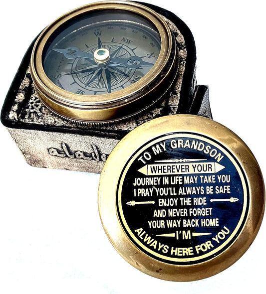 Gift for Grandson Brass Compass Engraved Quote | Memory Present to My Grandson Birthday, Baptism, Graduation, Confirmation, Love, Gift idea by Grandpa Grandma
