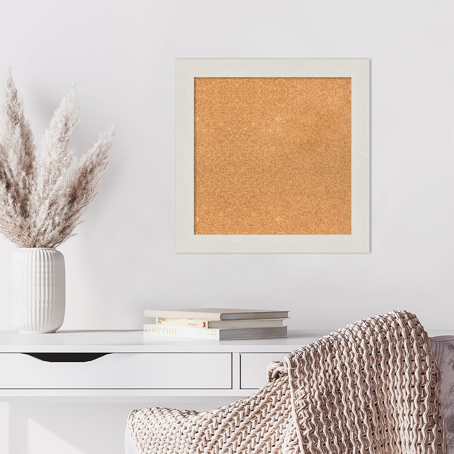 Amanti Art Natural Cork Board for Wall, 21x21 Vision Board with White Frame, Small Corkboard Office Decor for Home Organization, Country Rustic Corkboard Pinboard to Display Items for Home