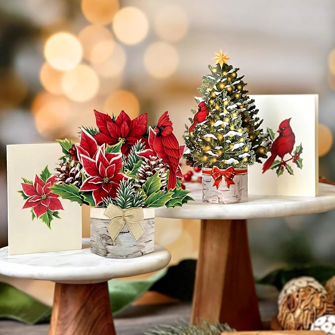 Freshcut Paper Pop Up Cards, Mini Birch Poinsettia (Set of 2), 6 Inch Mini Sized Forever Flower Bouquet 3D Popup Greeting Card, Christmas Cards, Holiday Card, Blank Notecard & Envelope