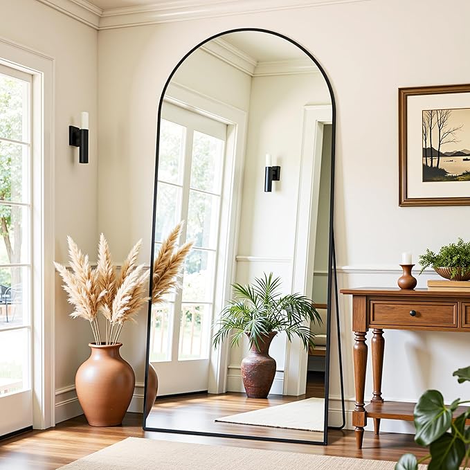 Full Length Mirror, 71"x32" Oversized Floor Mirror Freestanding, Full Body Mirror Floor Standing Mirrors with Stand, Hanging Mounted Mirrors for Bedroom Living Room, Black, Arched Style