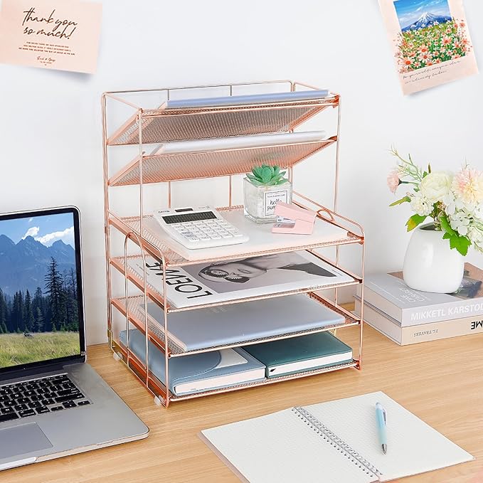 Desk Organizers and Accessories, 6-Tier Letter Tray Paper Organizer, Desktop File Organizer, Office Desk Accessories for Office Supplies (Rose Gold)
