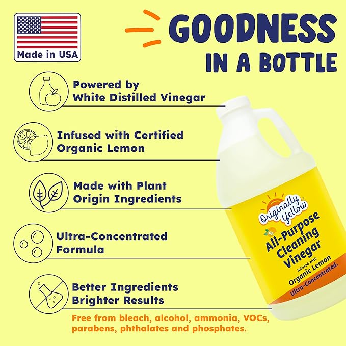 Originally Yellow Lemon Vinegar For Cleaning Purpose | USA Made All Purpose Cleaner | Use as a Floor, Glass, Kitchen, & Bathroom Cleaner | Plant Derived Vinegar 1 Gallon in 2 bottles | 128 Oz