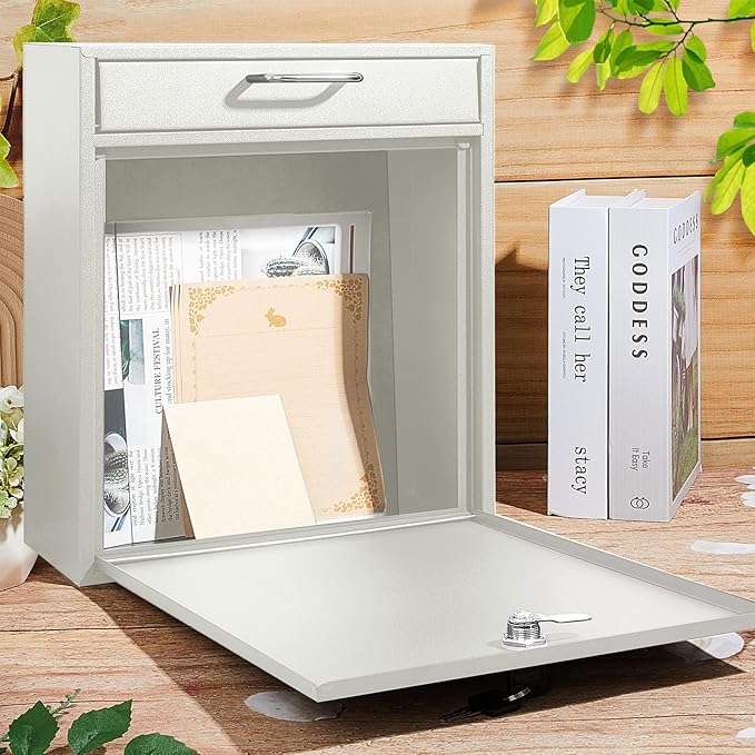 Locking Mailbox with Key for Outdoor 12 x 10.5 x 4.7 Inches Large Wall Mount Mail Box with Lock Security Mail Drop Metal Collection Boxes Hanging Secure Postbox(Creamy White)