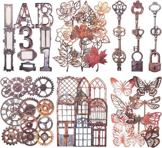 60PCS Industrial Vintage Sticker Set, Coated Paper Stickers with Rusty Gears, Keys, Frames, and Butterflies for Scrapbooking, Journaling, and DIY Crafts