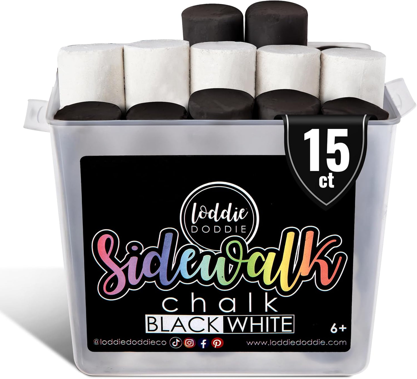 Loddie Doddie Sidewalk Chalk Jumbo Sticks - 15 Count Bucket, 10 Black & 5 White - Non-Toxic Low-Dust Sticks For Kids & Adults - Outdoor Chalk Bucket For Kids Activities