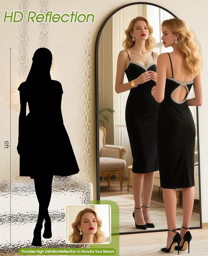 SUNQUEEN 71"×32" Mirror Full Length, Arched Full Length Mirror with Stand, Standing Floor Mirror Wall, Hanging or Leaning Large Full Body Mirrors for Bedroom Living Room (Black)