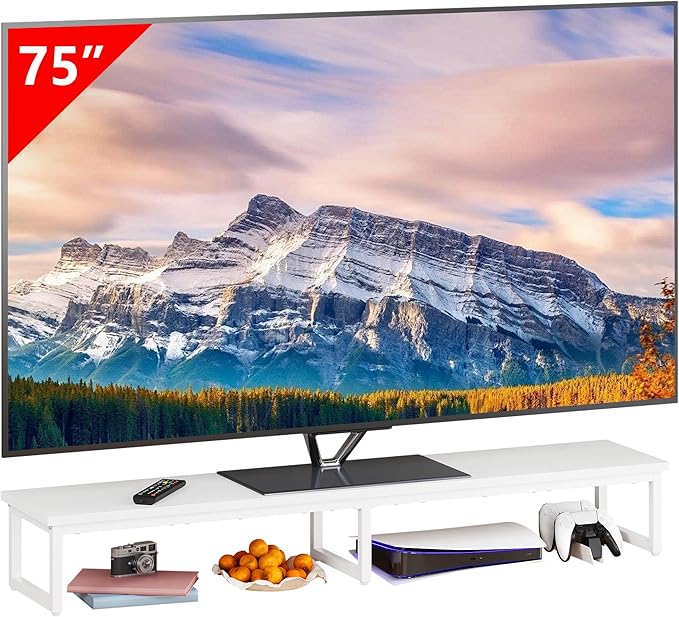 Clikuutory 59" Large TV Riser for 32-75 inch TVs, Tabletop Stand with Steel Legs, Storage & Dual - Screen Office Desk Function, Ideal for Home Office, Bedroom, Living Room, White