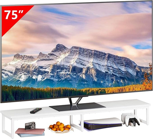 Clikuutory 59" Large TV Riser for 32-75 inch TVs, Tabletop Stand with Steel Legs, Storage & Dual - Screen Office Desk Function, Ideal for Home Office, Bedroom, Living Room, White