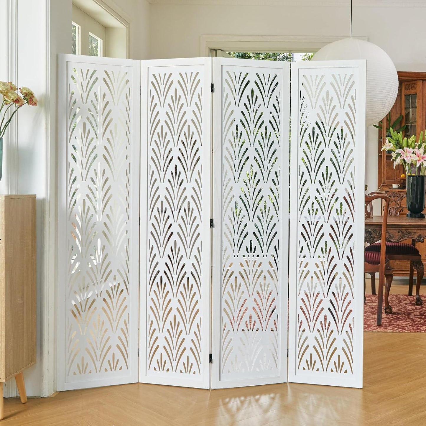5.6Ft Room Divider Folding Wood Simple Carved Partition Screen for Home Office Garden - 4 Panels (White)