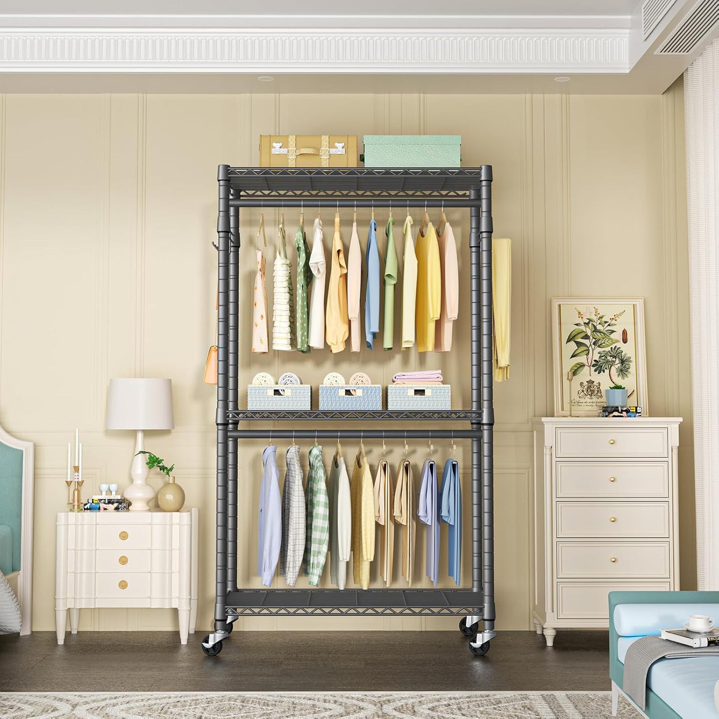 P1 Heavy Duty Garment Rack, 3 Tiers Adjustable Rolling Metal Closet Organizer with Lockable Wheels, FreeStanding Wardrobe with Double Hanger Rods & 1 Pair Hooks, Max Load 450 LBS, Gray