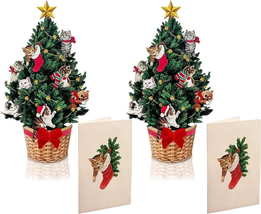 Freshcut Paper Pop Up Cards, Mini Meowy Christmas Tree (Set of 2), 6 Inch Mini Sized Forever Flower Bouquet 3D Popup Greeting Card, Christmas Cards, Holiday Card, Blank Notecard & Envelope