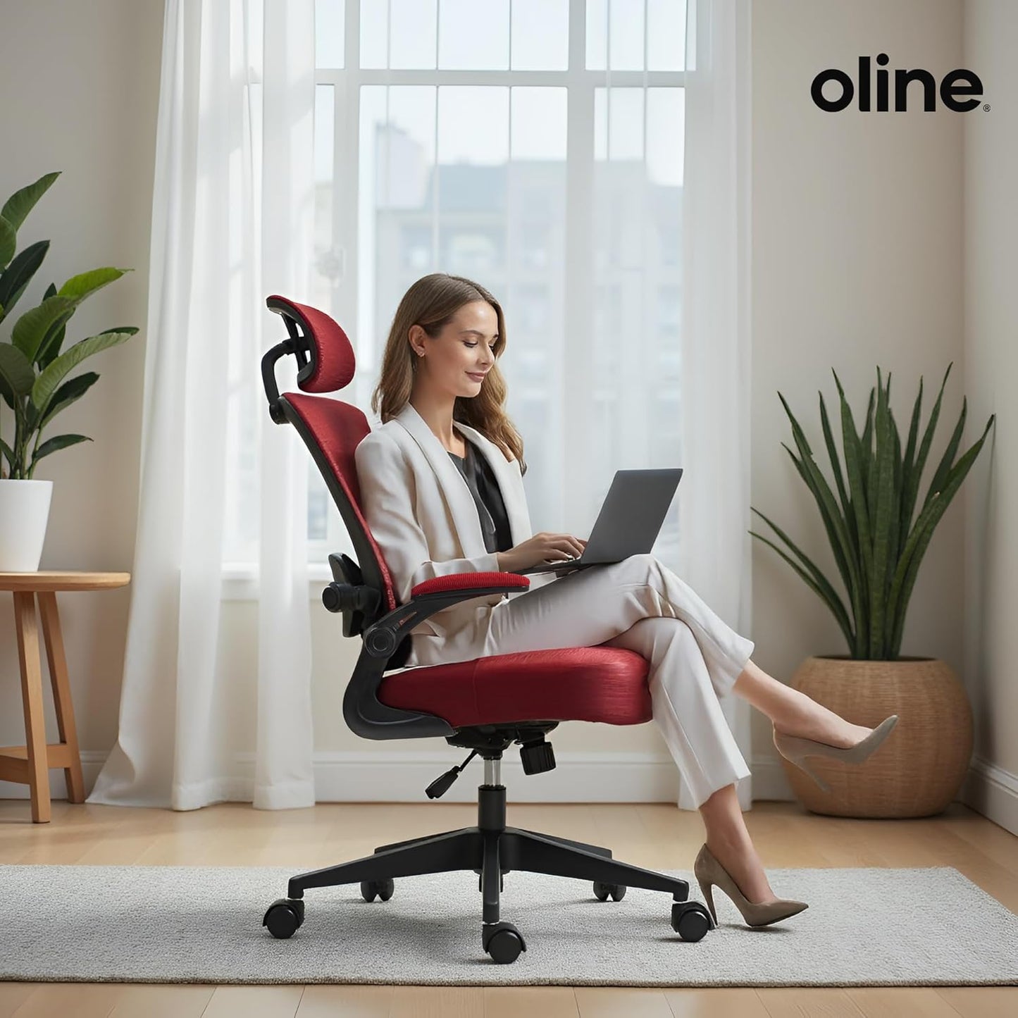 Oline ErgoAir Ergonomic Office Chair – Adjustable Lumbar Support, Flip-Up Armrests, Mesh Computer Desk Chair, Swivel Rolling Executive Gaming Chair for Home & Office (Red)