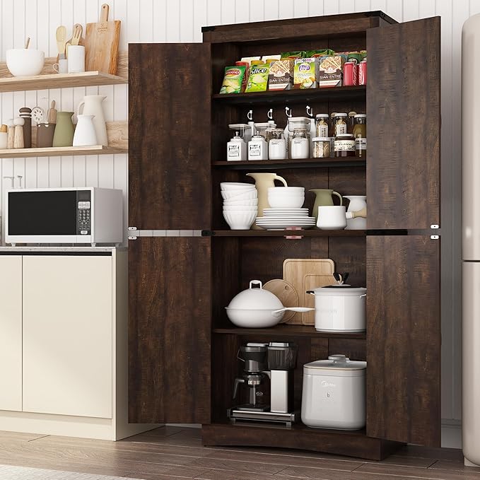 71in Farmhouse Kitchen Pantry Cabinet,Tall Storage Cabinet with 4 Doors and Adjustable shelves,with Load-Bearing Steel Pipe,Wood Storage Cabinets for Kitchen,Dining Room,Bathroom(Brown)