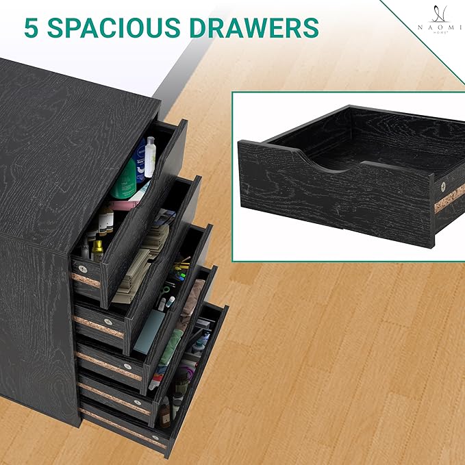 Naomi Home 5 Drawer Office Storage File Cabinet Under Desk Cabinets for Organization Filing with Wheels, Printer Stand Storage, 180 lbs Capacity, Distressed Black (11397AM)