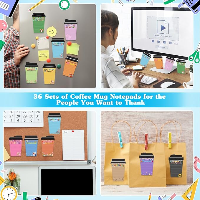 36 Set Teacher Appreciation Gifts Bulk Team - 36 Coffee Cup Notepad+ 36 Ballpoint Pens+ 36 Drawstring Gift Bags, Bulk Gifts for School Office Christmas Teacher's Day Coworker Nurse Employee