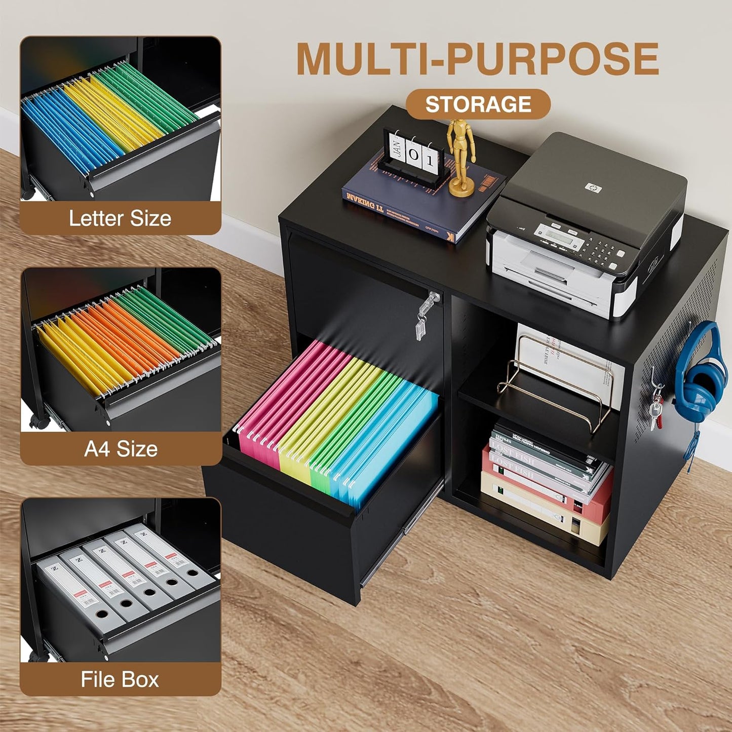 Lateral 2 Drawer Filing Cabinet with Lock, Mobile File Cabinet on Wheels, Printer Stand with Storage for Legal/Letter/A4 File Folders (Blcak)