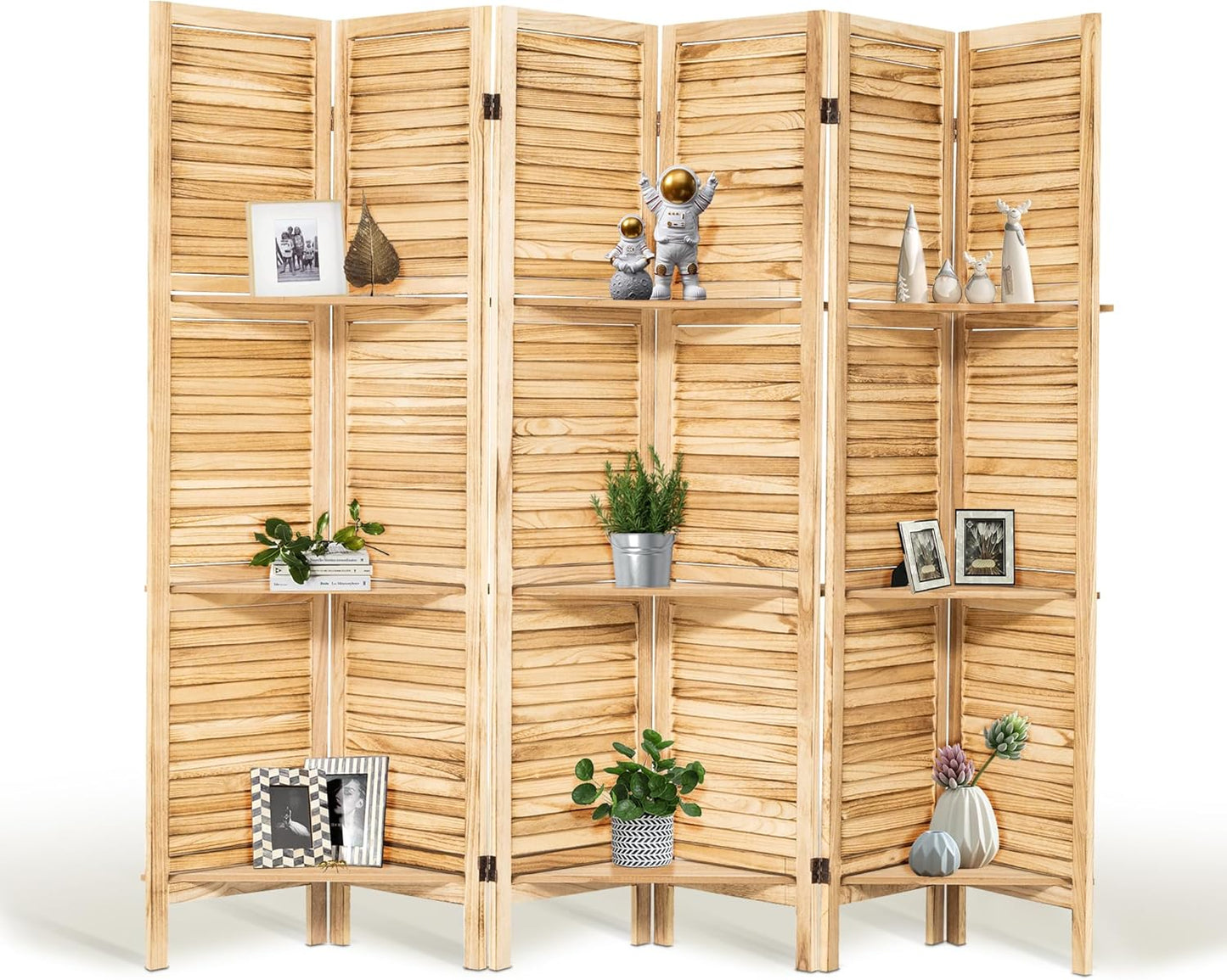 Room Divider with Shelves, 5.6FT Folding Room Divider Panel, 6 Panel Wood Partition Wall Divider for Room Separation, Natural Wood