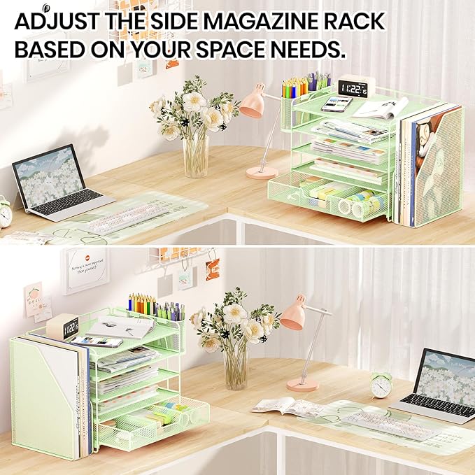 Desk Organizers and Accessories, 5-Tier Paper File Organizer with Drawer & Pen Holder, Office Desk Accessories Workspace Desktop Organizer for Office Supplies((Green)