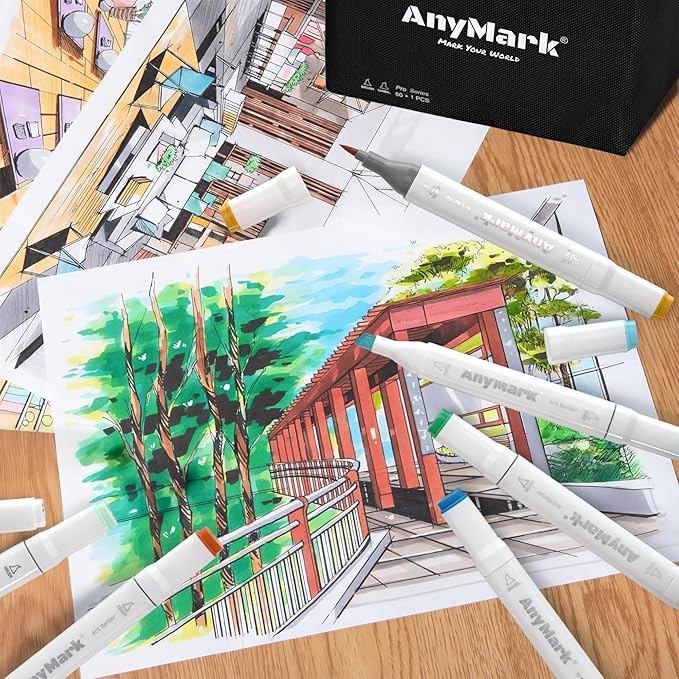 AnyMark Alcohol Markers Brush Tip, 120+1 Colors Dual Tip Brush & Chisel Alcohol-Based Art Markers Set with Case for Kids Adult Artists Drawing Coloring