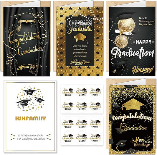 Graduation Cards, Graduation Gifts for Her Him, Black and Gold, Congratulations Grad with Envelope Sticker - Blank Inside