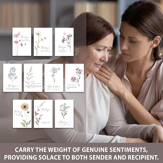 AUDREE 20 Pcs Funeral Thank You Cards with Envelopes Message Inside and Matching Stickers - Bulk 4×6 Watercolor Single Flowers Bereavement Thank You Cards For Funeral