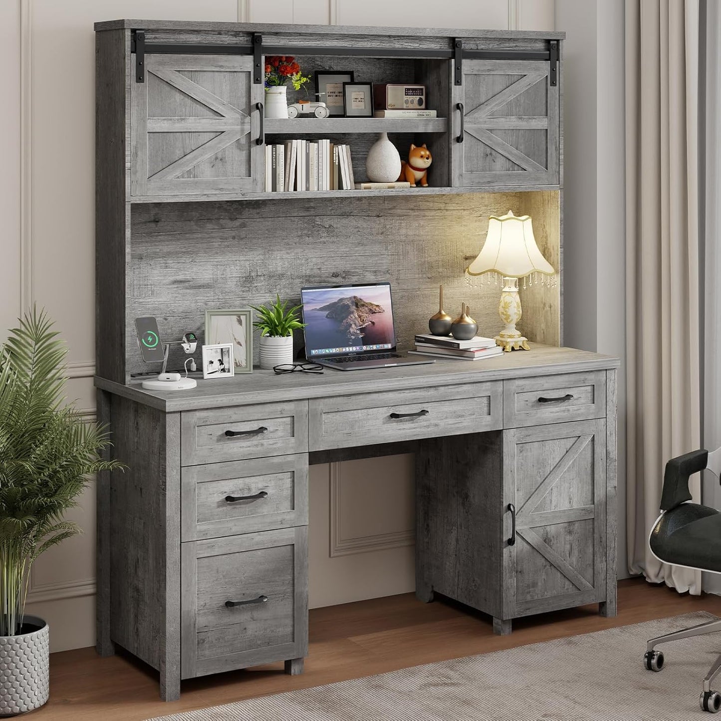 Farmhouse 67''H Executive Desk with Hutch & 5 Drawers, Rustic Office Desks Computer Desks with Charging Station, File Drawers and Storage Cabinets, Wood Workspace for Home Office & Study.（Grey）.
