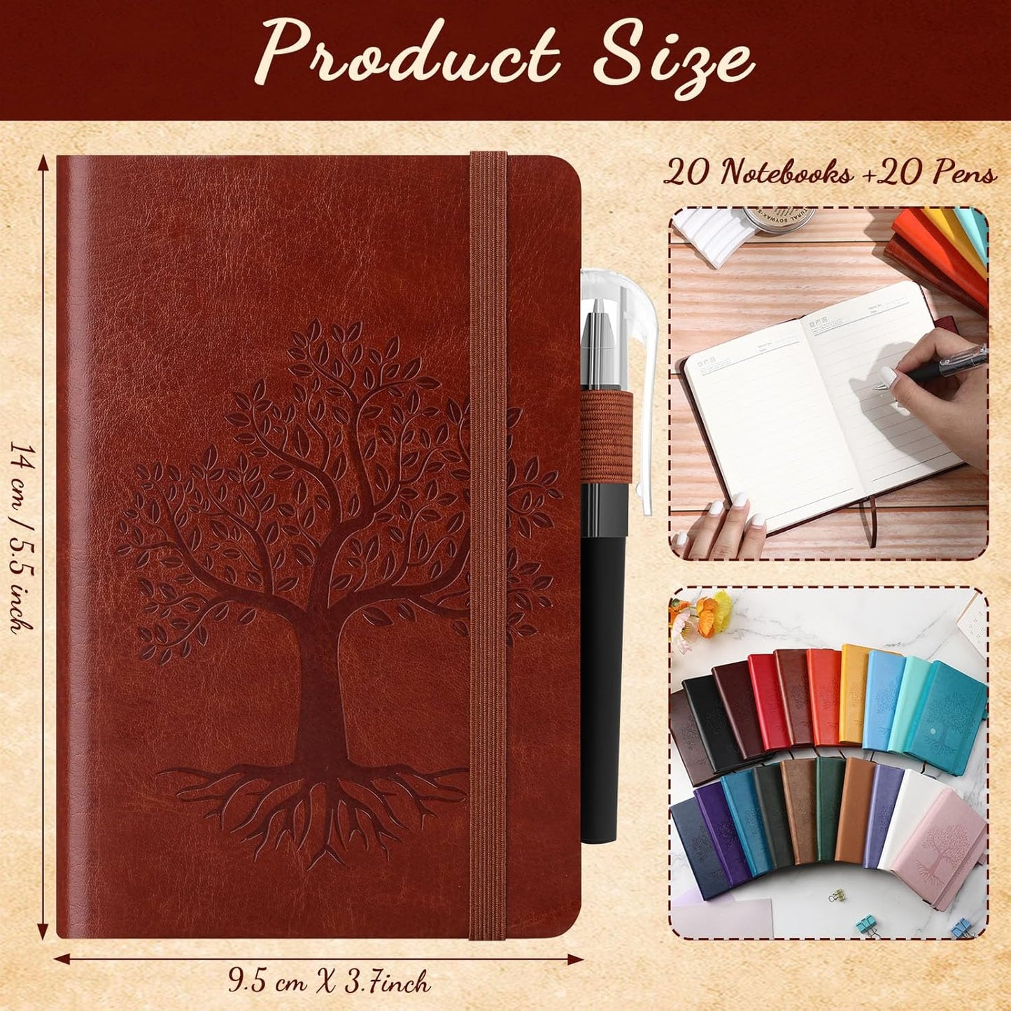 Estune Tree Small Notebooks Pen Leather Lined Pocket Subject Notebooks Hardcover Pocket Notepad Cute Ruled Leather Journals with Pen Holder for Men Women School Business, A6(Stylish Color,20 Set)
