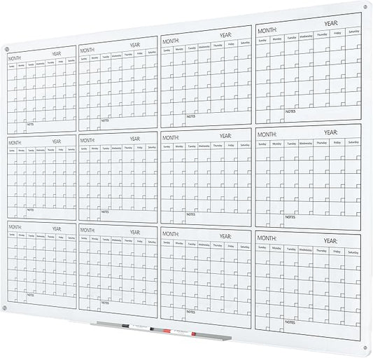 J&J worldwide Glass Whiteboard Yearly Calendar - 35" X 47" Large Wall Whitrboard - White Board Dry Erase Planner for Wall Home, School, Office