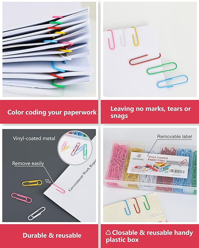 PAPERPAL Colorful Vinyl Coated Paper Clips, 540 Paperclips Per Box Jumbo & #1 Sizes Assorted Color, Office School & Personal Use, Daily DIY, Large & Medium Size (2" & 1-2/7") Paper Clip, Rainbow Pack